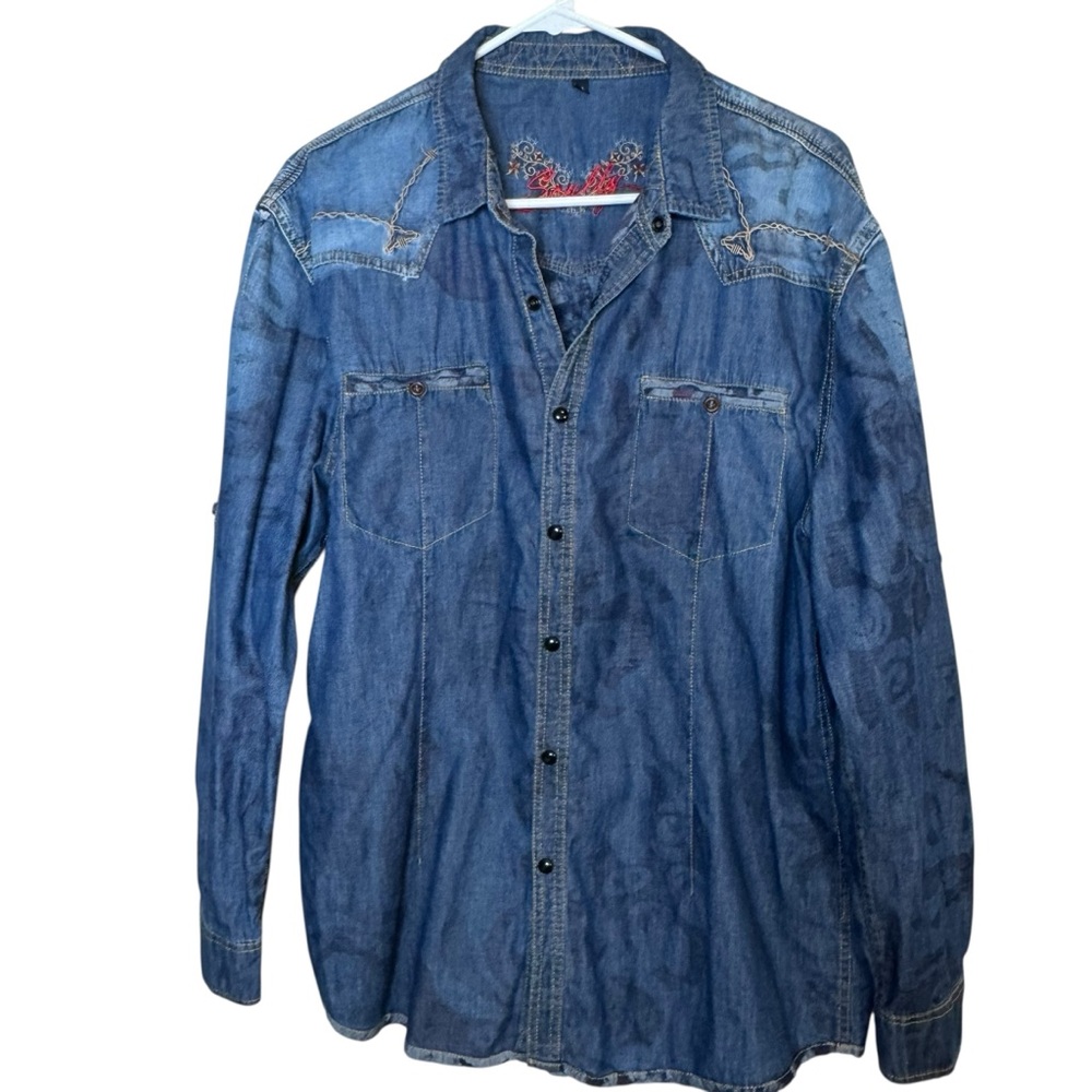 Skully Men's Western Blue Denim Button-Up Shirt Size M Cowboy Rodeo